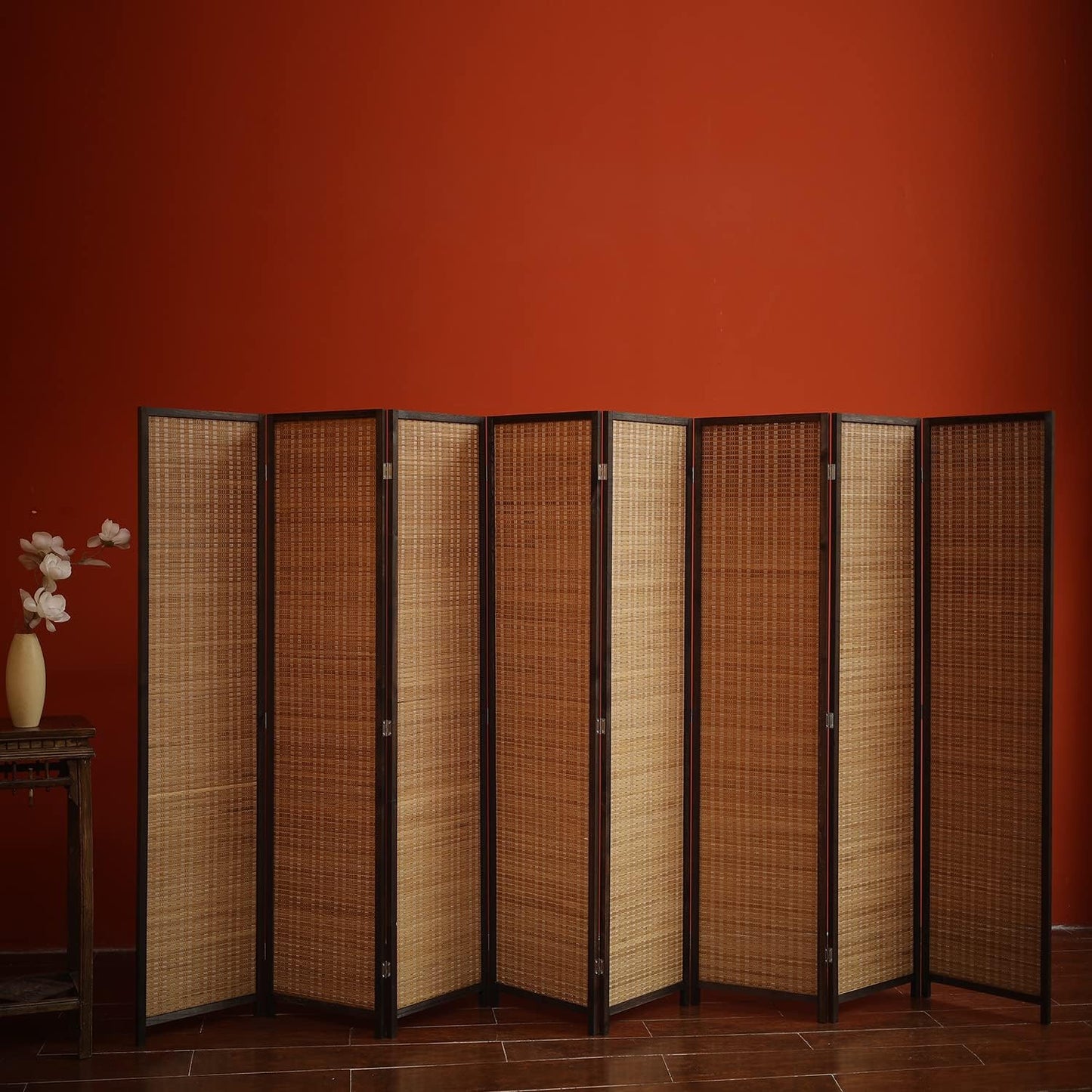 8 Panel Room Divider and Folding Panel Screen,Bamboo Panel Divider Screen for Room Separation,Beige,67" H x 122.8" W