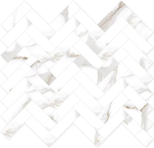 White with Gray-Gold Polished Porcelain Herringbone Tile – 11" x 12" – 10 Sheets Cover 8.9 Sq Ft – Porcelain Wall and Floor Tile for Bathroom Kitchen Shower Fireplace