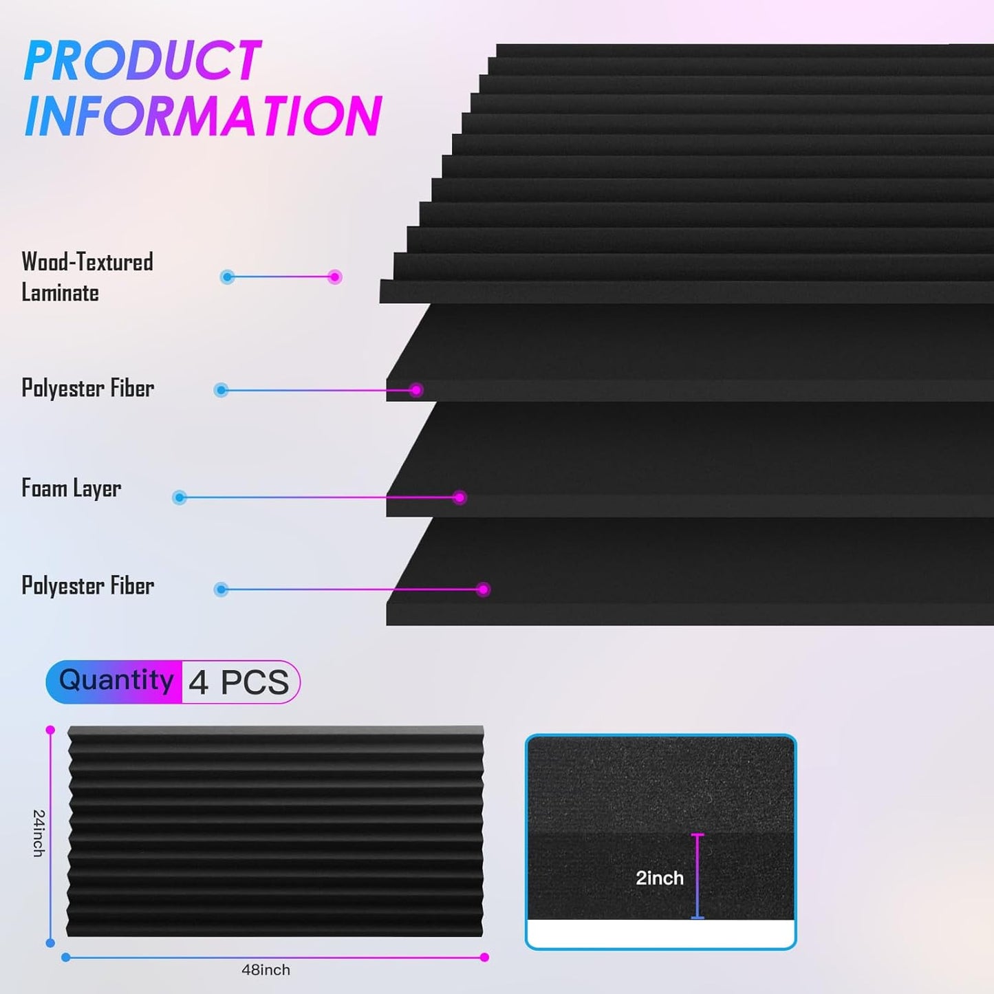 4 Pack Acoustic Foam Panels, 48 x 24 x 2" Sound Proof Foam High Density Studio Wedge Tiles Fire Resistant Acoustic Panels for Home Office, Recording Room, Studio (Black, Black 4 Pack)