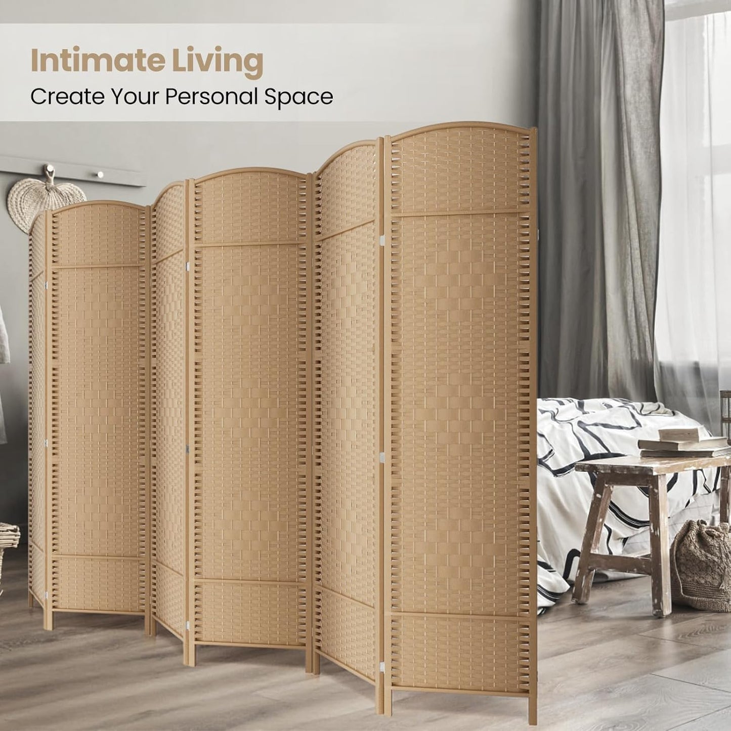 6 Panel Room Divider,6Ft Folding Privacy Screen,Tall - Extra Wide Foldable Panel Partition Wall Divider with Diamond Double-Weaved Hand-Woven Design Room Screen Divider