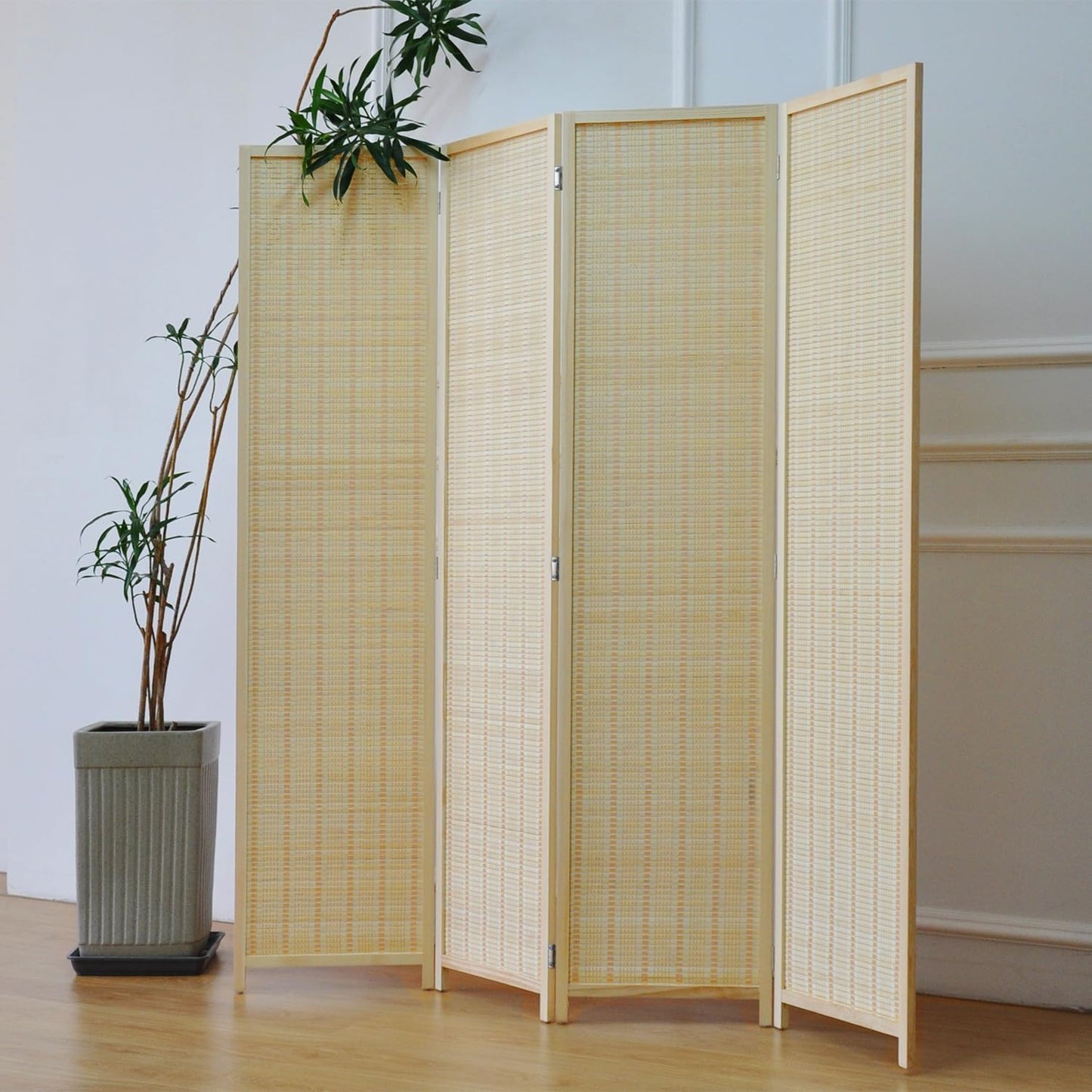 8 Panel Room Divider and Folding Panel Screen,Bamboo Panel Divider Screen for Room Separation,Beige,67" H x 122.8" W