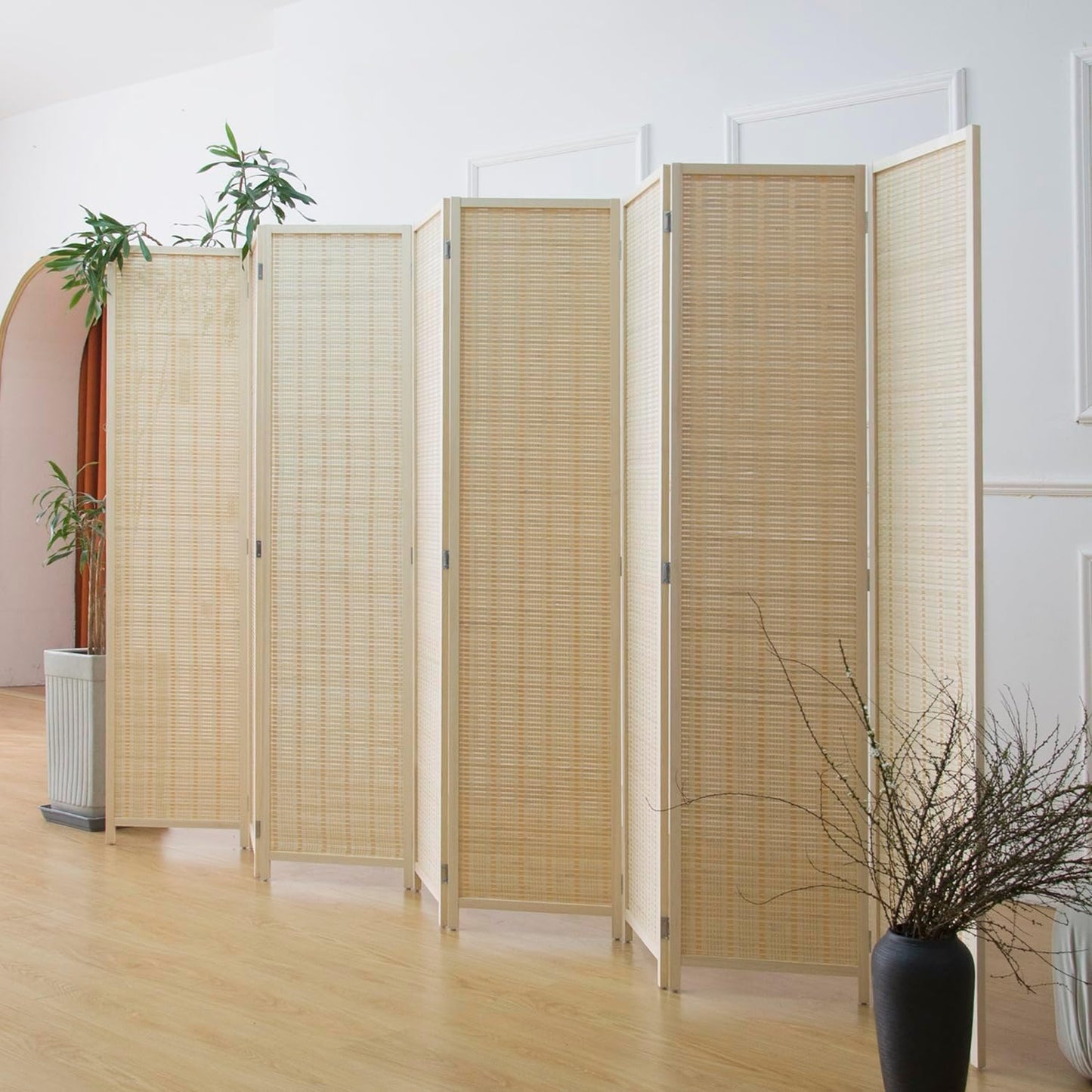 8 Panel Room Divider and Folding Panel Screen,Bamboo Panel Divider Screen for Room Separation,Beige,67" H x 122.8" W