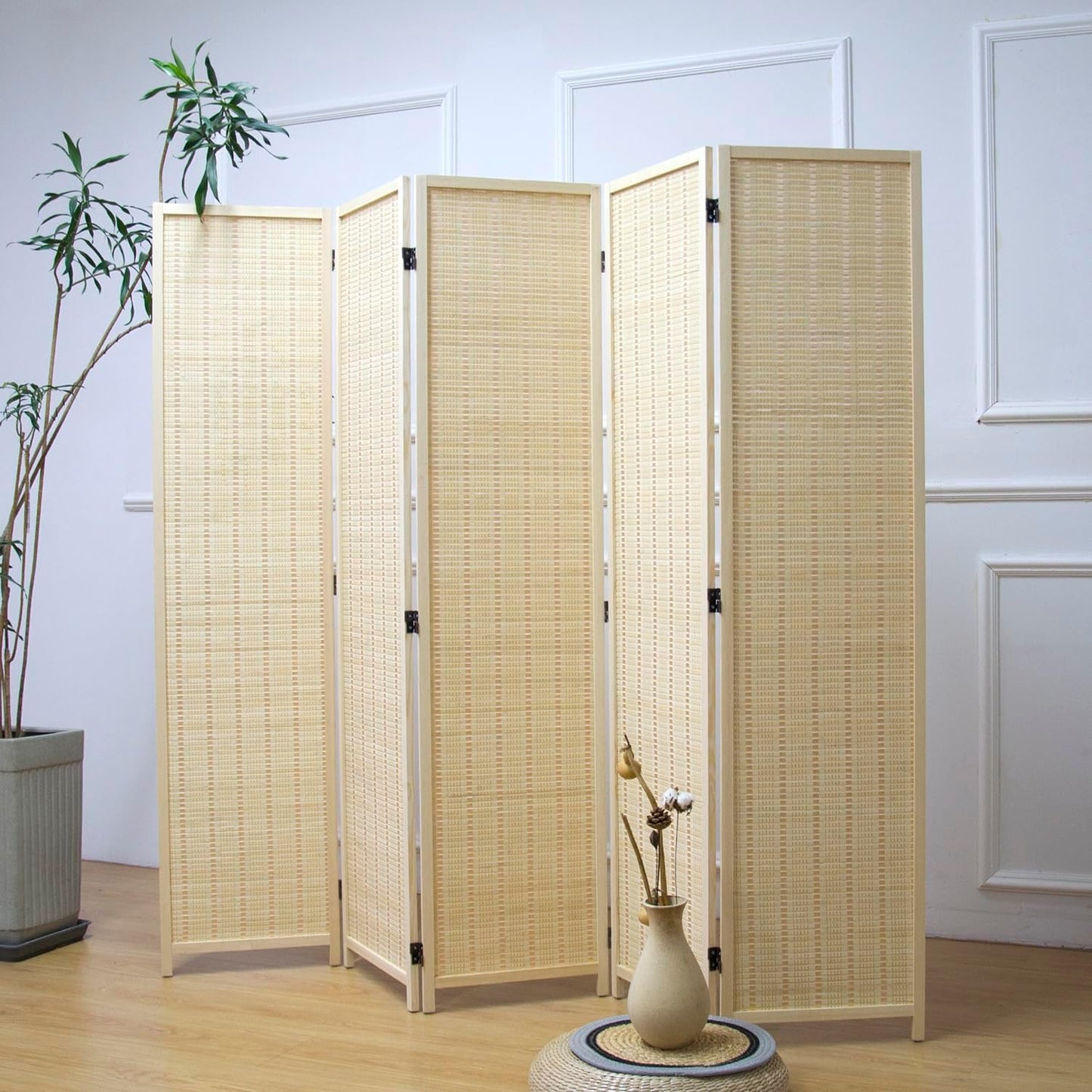 8 Panel Room Divider and Folding Panel Screen,Bamboo Panel Divider Screen for Room Separation,Beige,67" H x 122.8" W