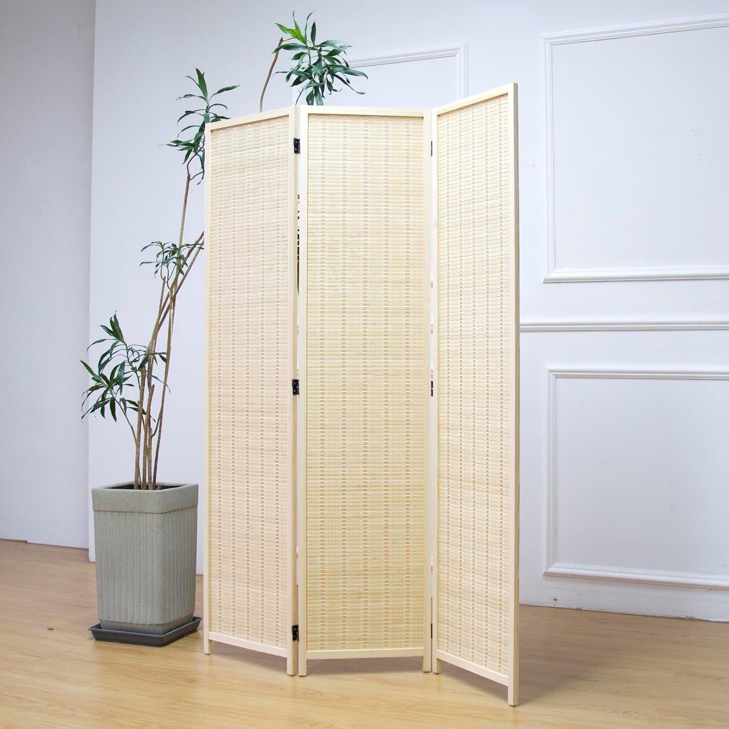 8 Panel Room Divider and Folding Panel Screen,Bamboo Panel Divider Screen for Room Separation,Beige,67" H x 122.8" W