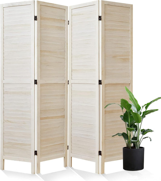 Room Dividers and Folding Privacy Screens, Wood Louvered Separators Divider Wall for Home Office Bedroom - 4 Panels, 67 * 60inch (White-Washed)