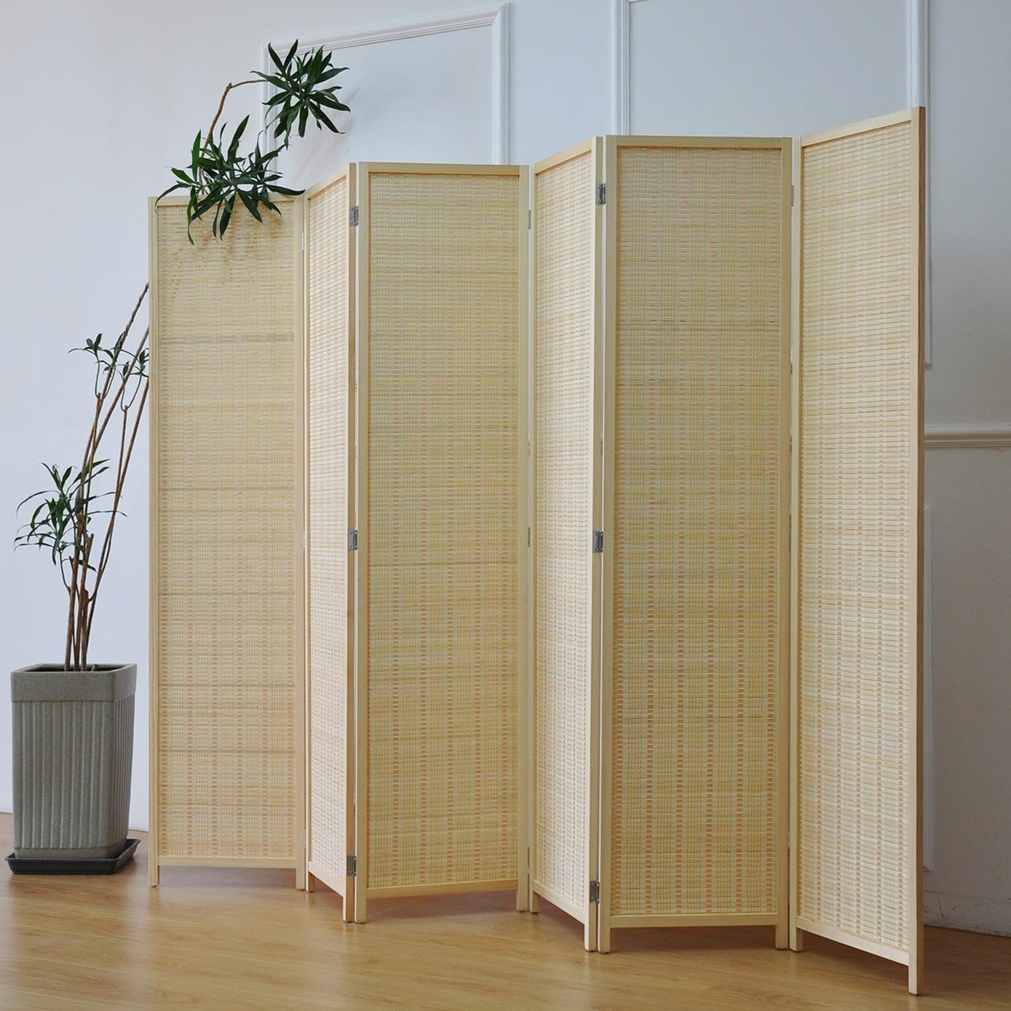 8 Panel Room Divider and Folding Panel Screen,Bamboo Panel Divider Screen for Room Separation,Beige,67" H x 122.8" W