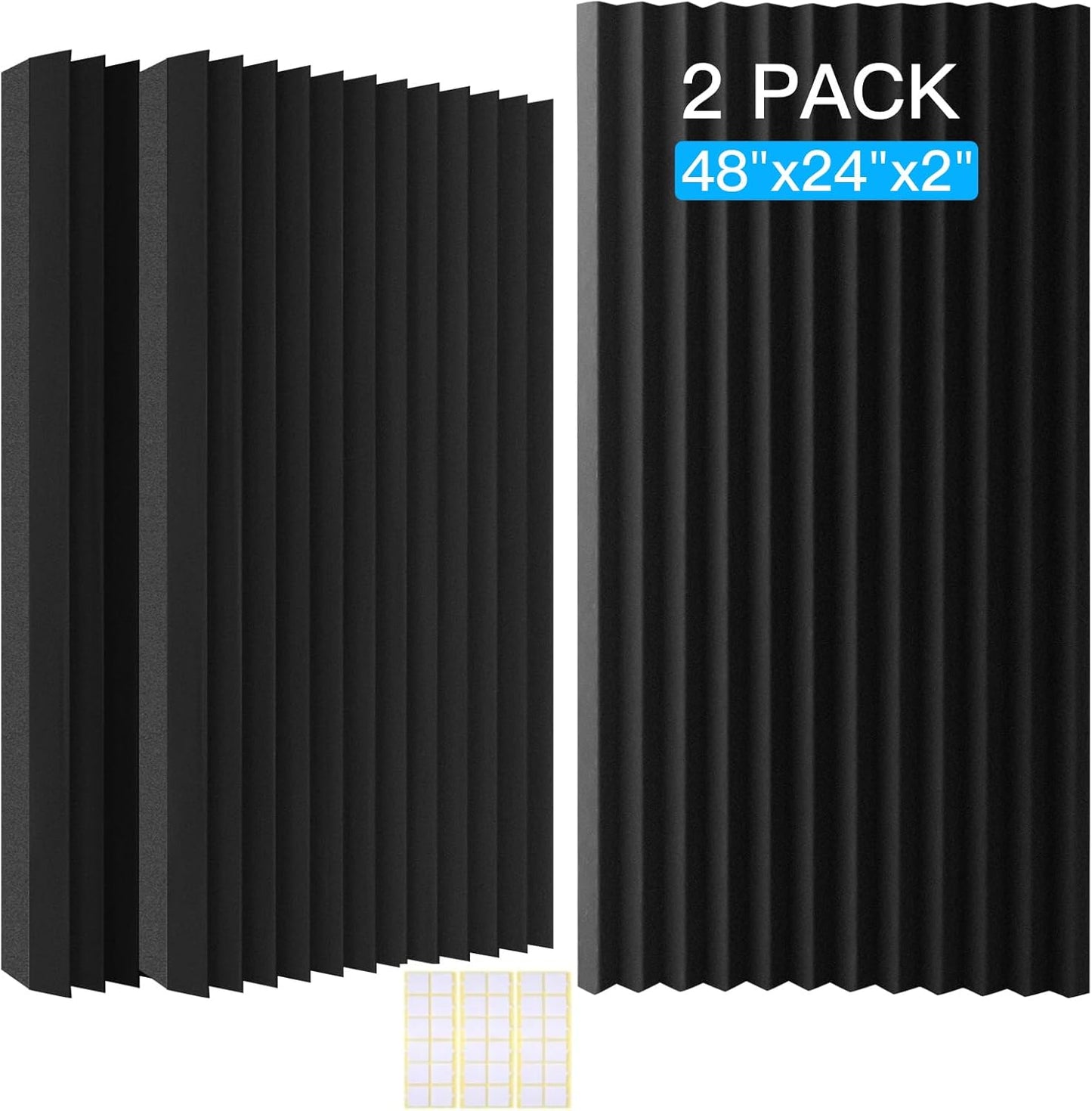 4 Pack Acoustic Foam Panels, 48 x 24 x 2" Sound Proof Foam High Density Studio Wedge Tiles Fire Resistant Acoustic Panels for Home Office, Recording Room, Studio (Black, Black 4 Pack)