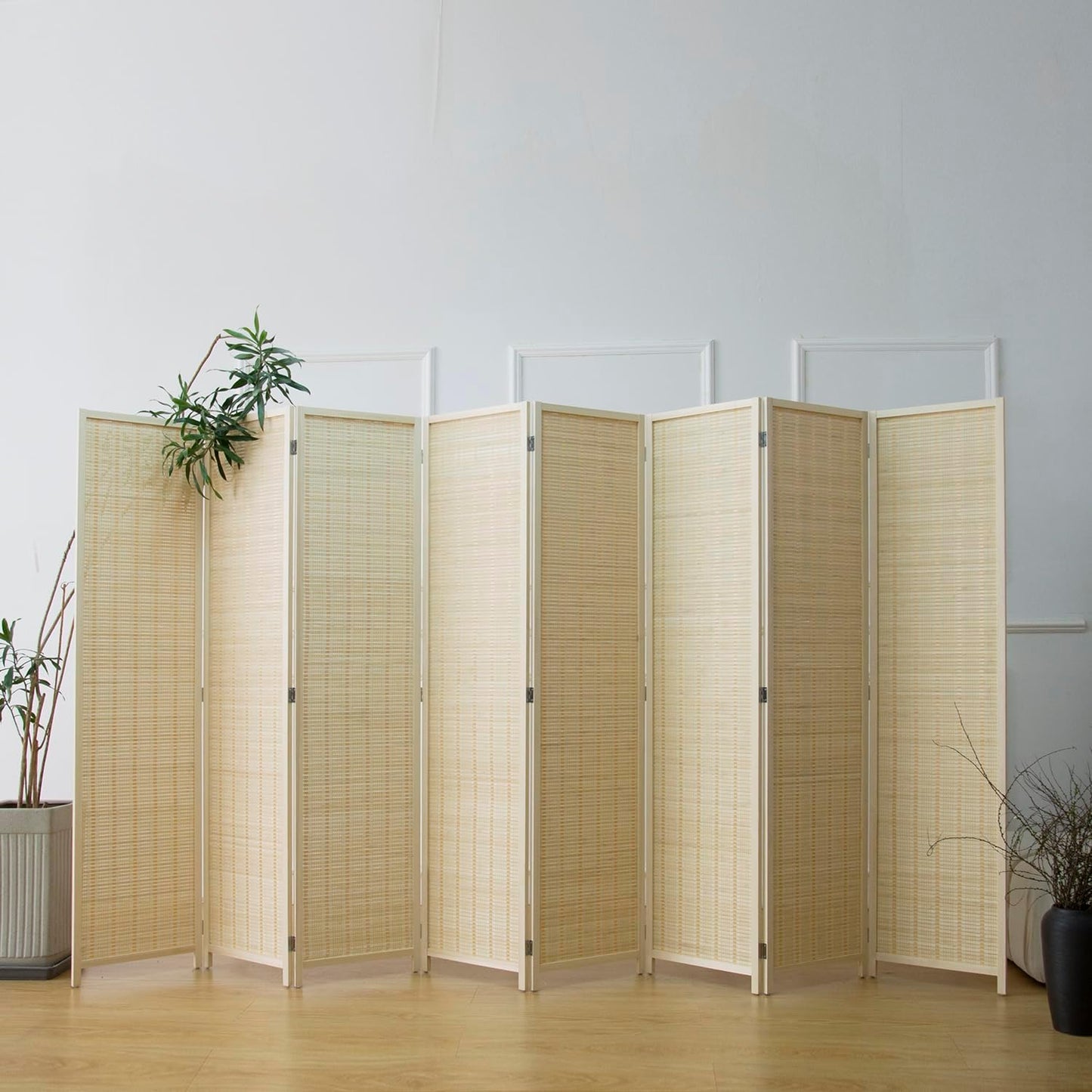 8 Panel Room Divider and Folding Panel Screen,Bamboo Panel Divider Screen for Room Separation,Beige,67" H x 122.8" W