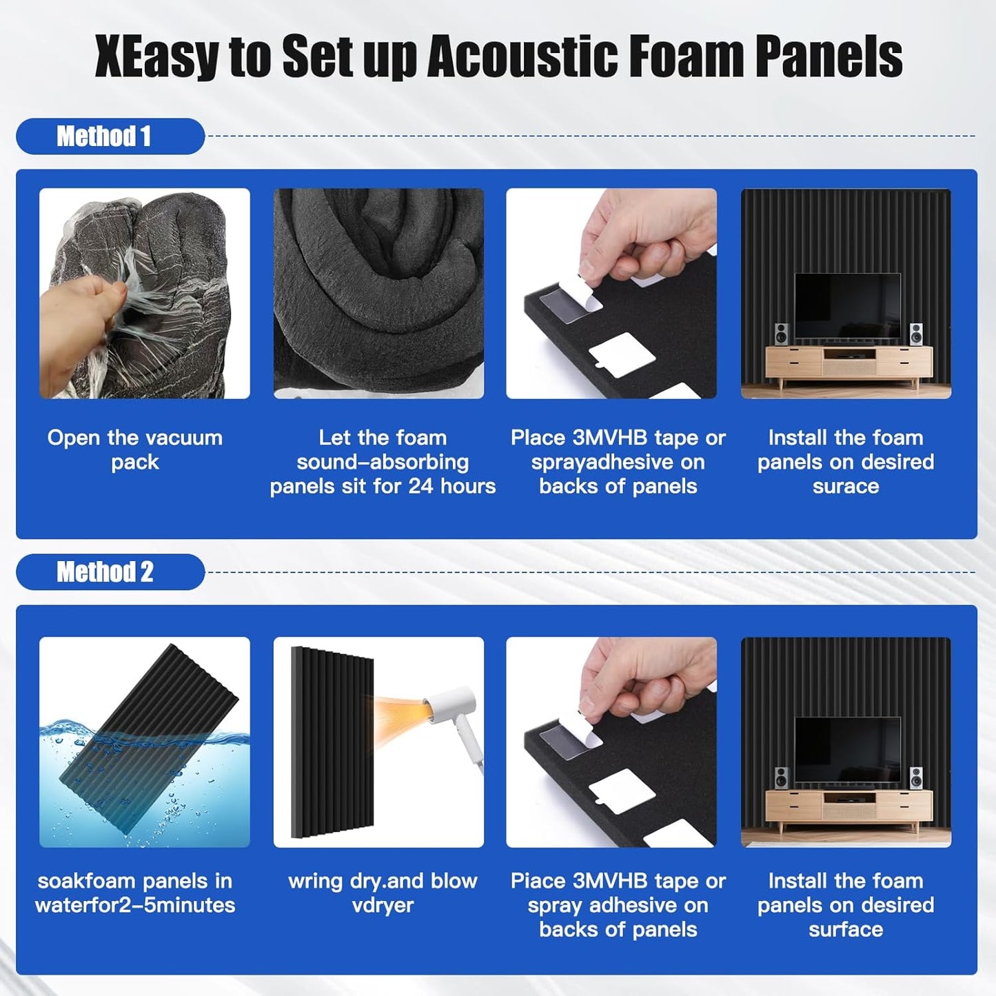 4 PCS Acoustic Panels,48''X24''X2'' Soundproof Foam Wall Panels,High Density Fireproof Noise Cancelling Studio Foam Panel,Noise (Black 4 Pack, 48''X24''X2'')