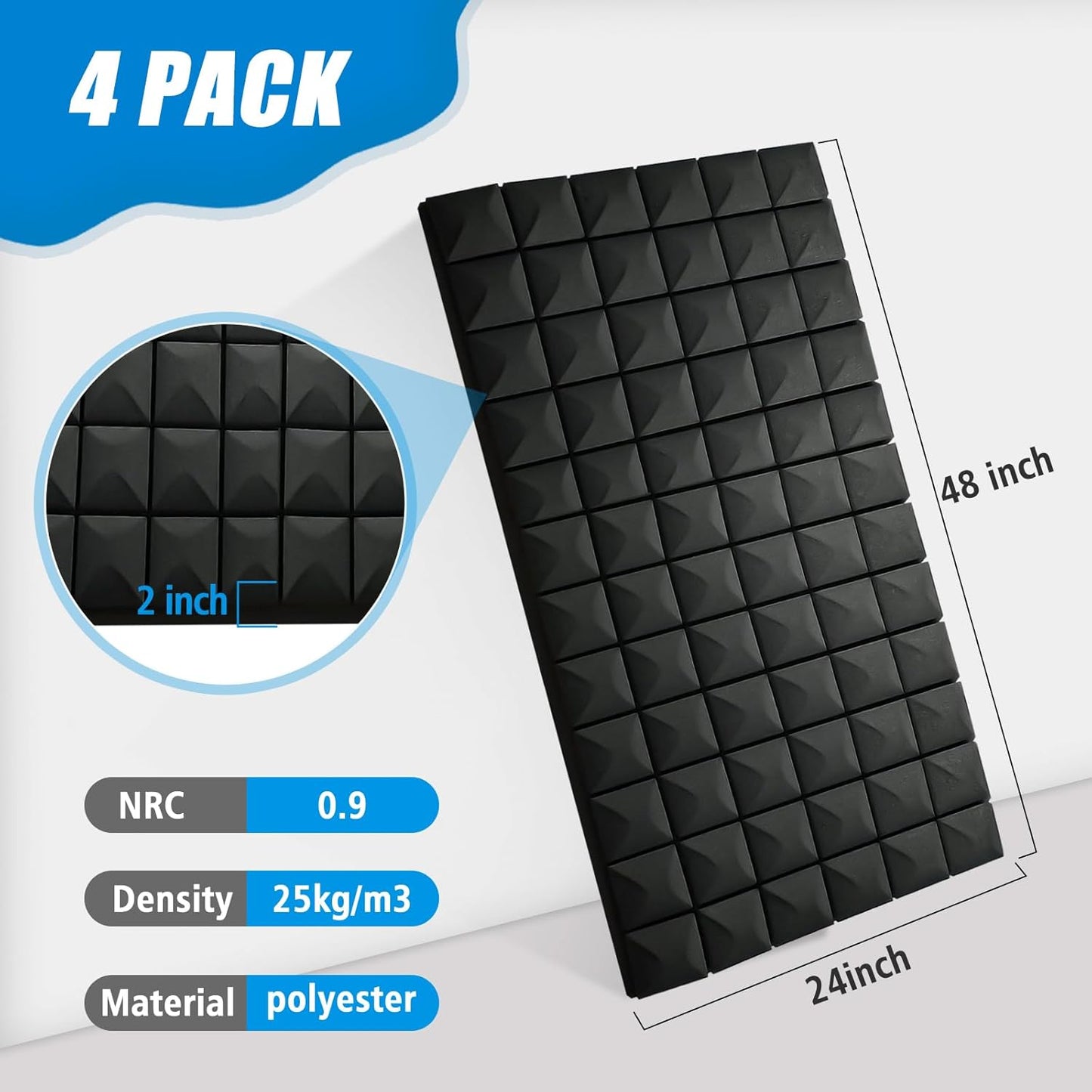 Acoustic Foam Panels 4 Pack 48"x24"x2" - High Density Soundproof Foam Wall Panels for Noise Reduction, Studio Walls, Home Theater & Office (Black 4 Pack, 48" x 24" x 2")
