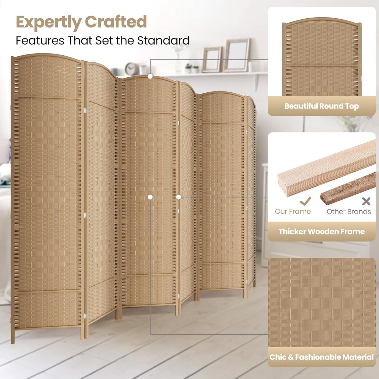 6 Panel Room Divider,6Ft Folding Privacy Screen,Tall - Extra Wide Foldable Panel Partition Wall Divider with Diamond Double-Weaved Hand-Woven Design Room Screen Divider