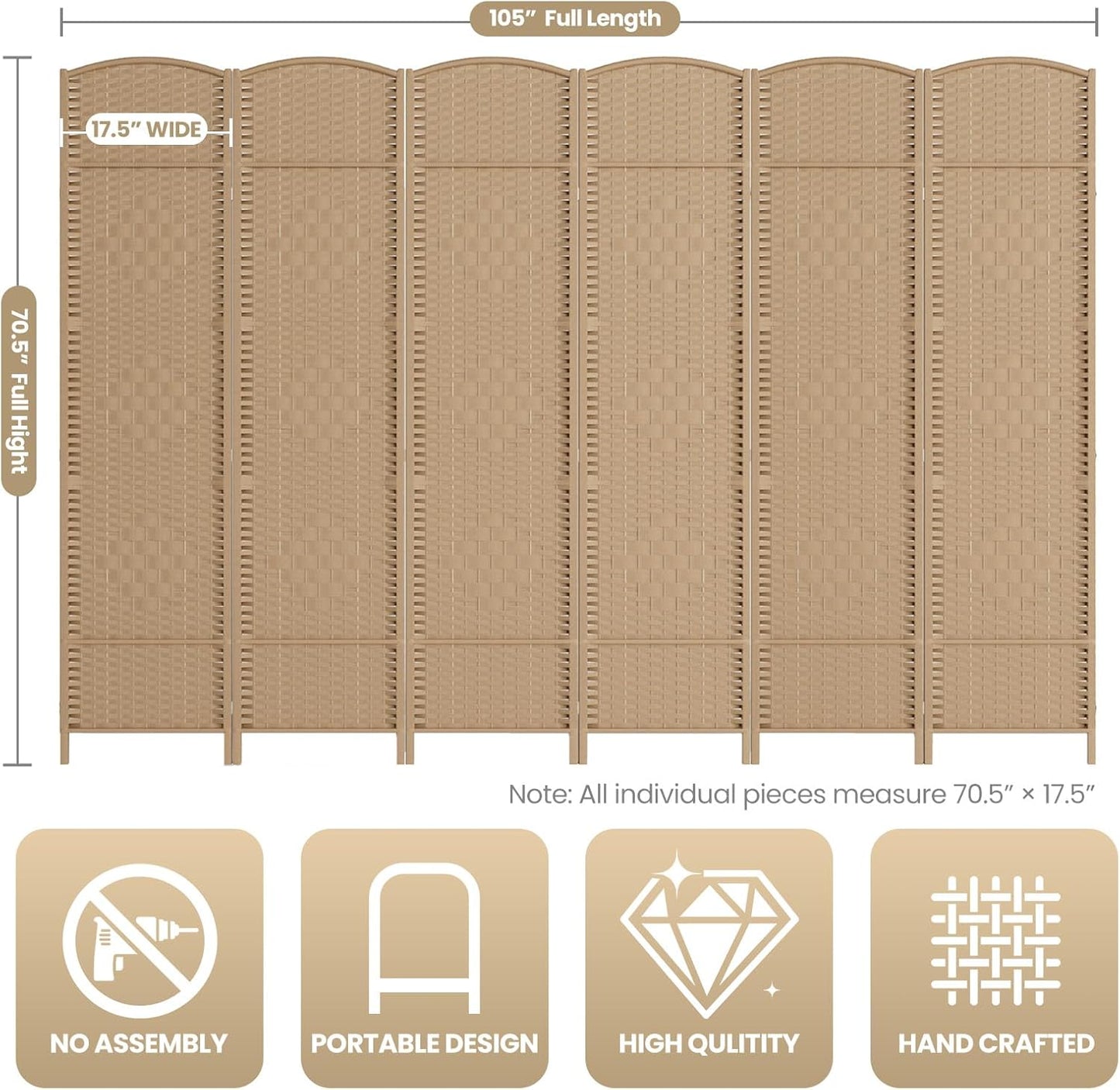 6 Panel Room Divider,6Ft Folding Privacy Screen,Tall - Extra Wide Foldable Panel Partition Wall Divider with Diamond Double-Weaved Hand-Woven Design Room Screen Divider