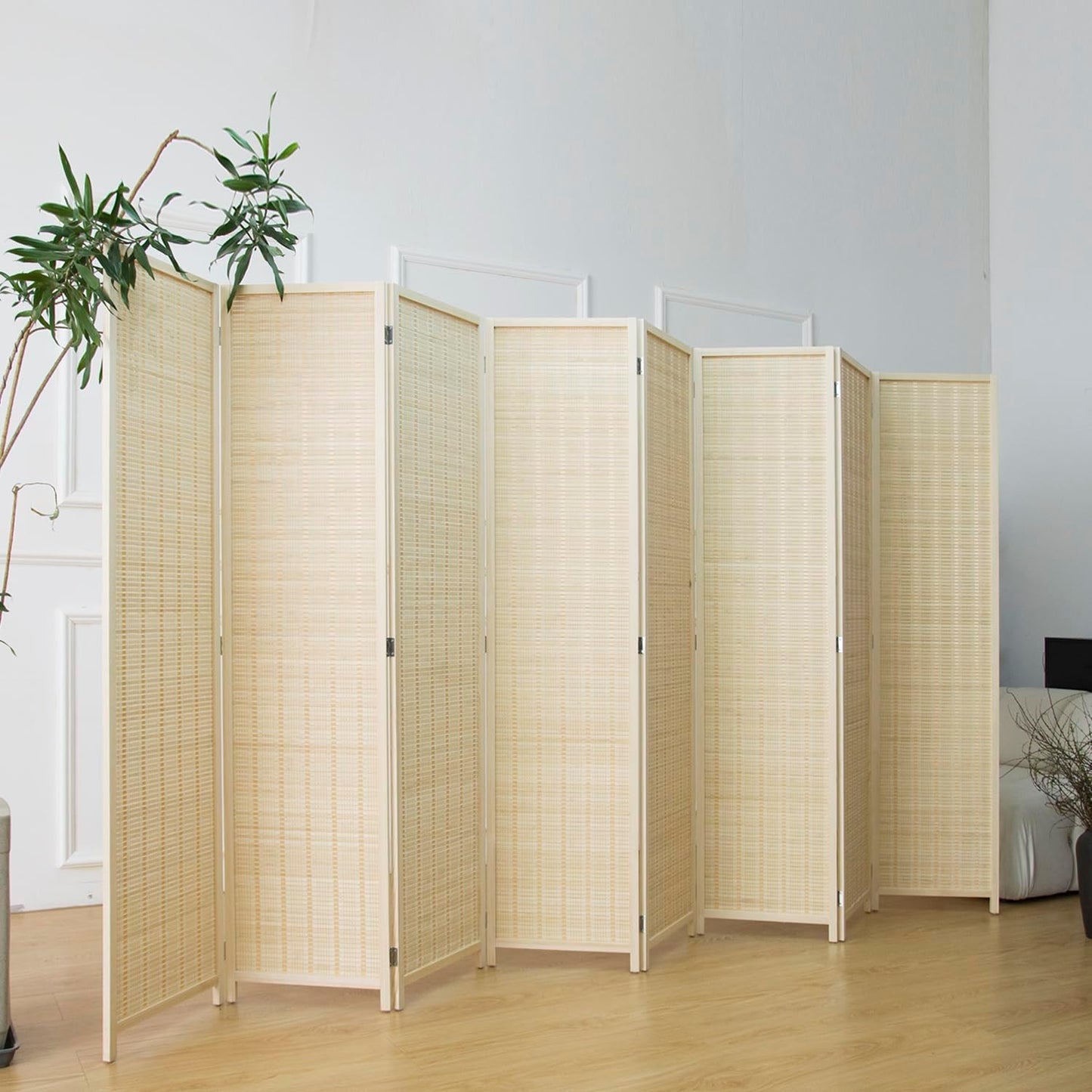 8 Panel Room Divider and Folding Panel Screen,Bamboo Panel Divider Screen for Room Separation,Beige,67" H x 122.8" W