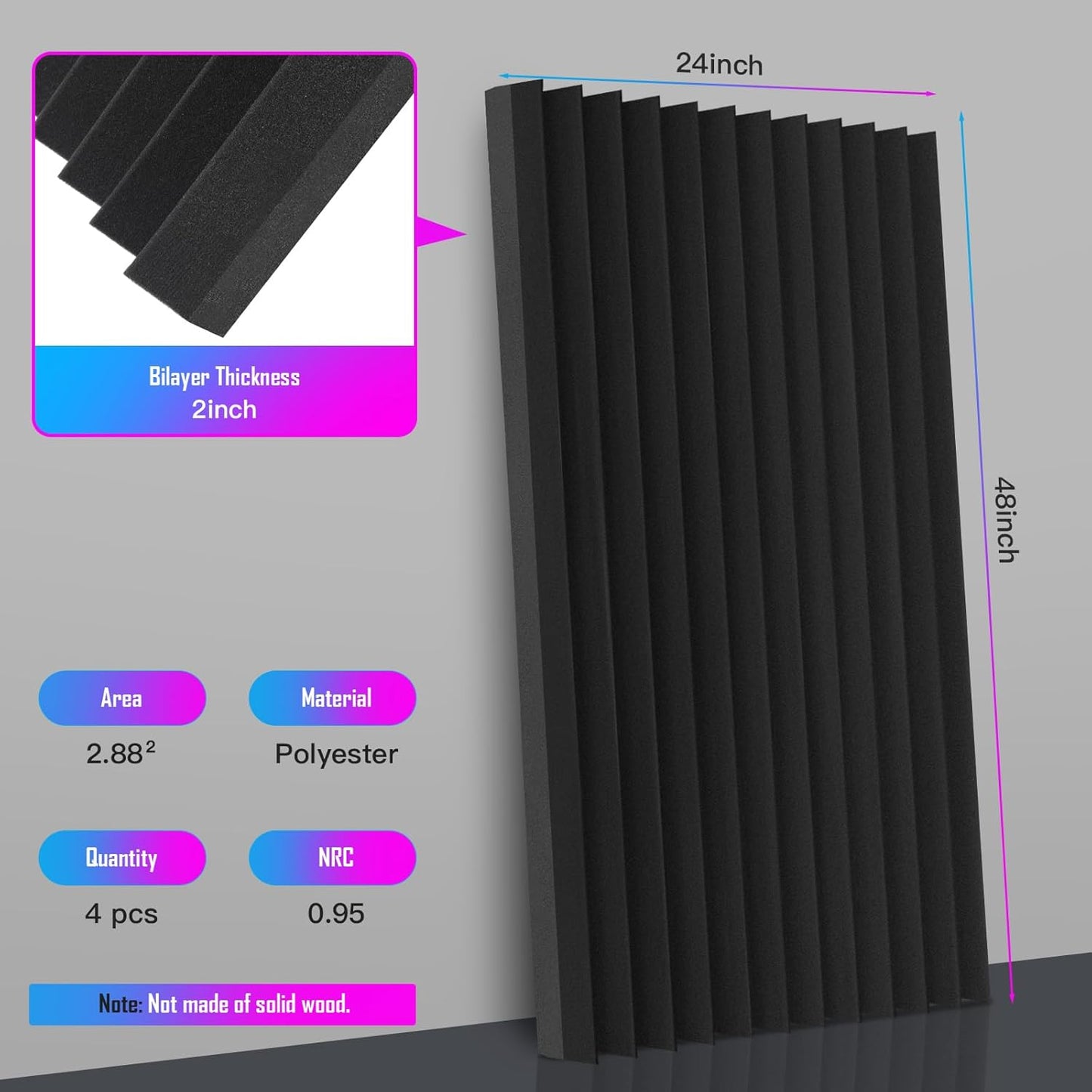 4 Pack Acoustic Foam Panels, 48 x 24 x 2" Sound Proof Foam High Density Studio Wedge Tiles Fire Resistant Acoustic Panels for Home Office, Recording Room, Studio (Black, Black 4 Pack)