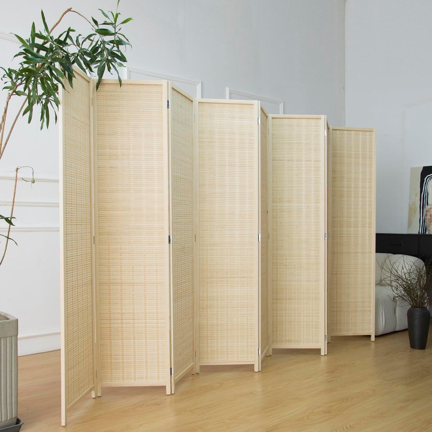 8 Panel Room Divider and Folding Panel Screen,Bamboo Panel Divider Screen for Room Separation,Beige,67" H x 122.8" W