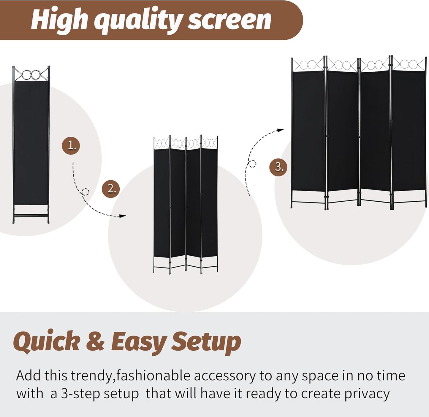 FDW 4 Panel Room Divider and Folding Portable Partition Screen, 6FT Wall Divider Screen for Dorm Bedroom Office, Coal Black