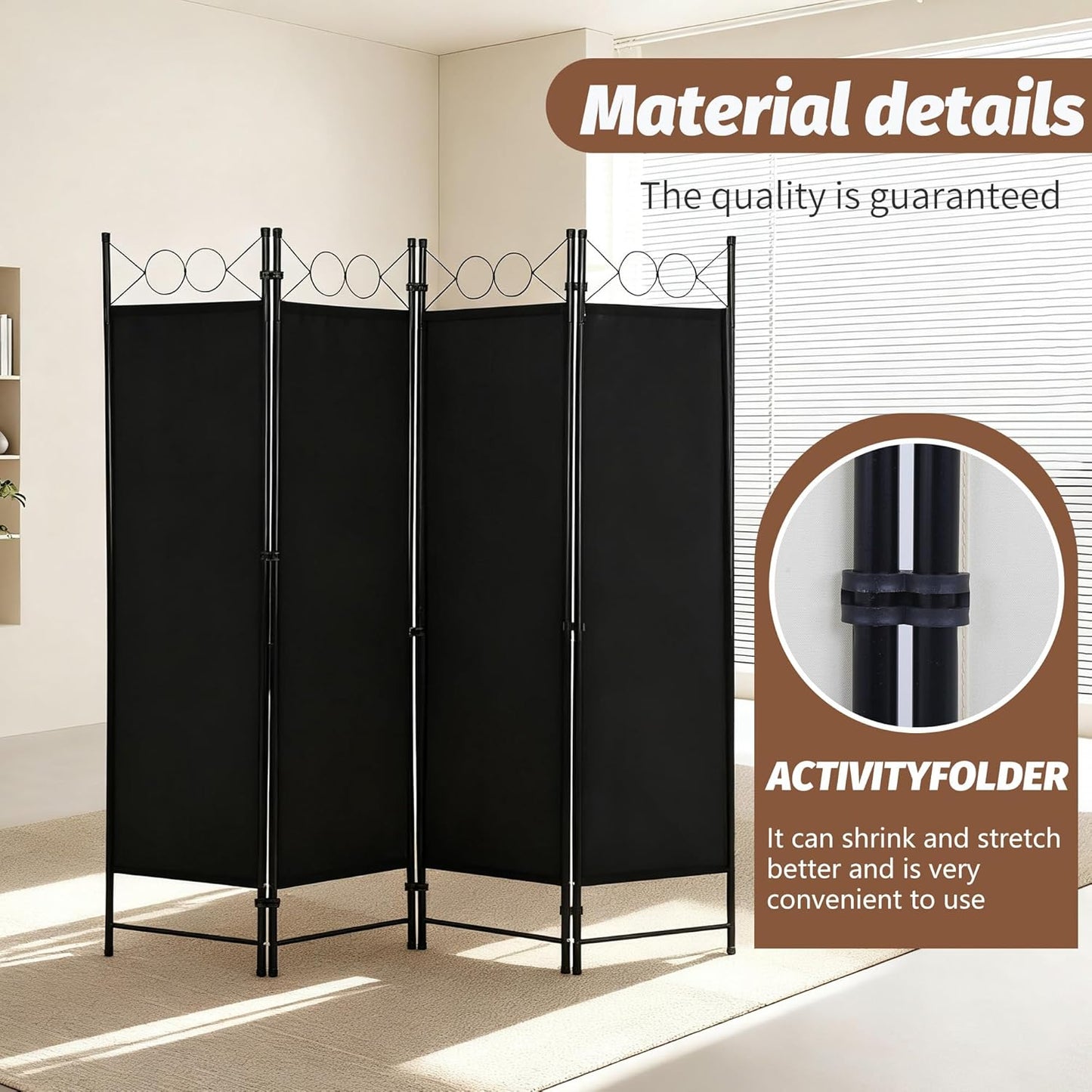 FDW 4 Panel Room Divider and Folding Portable Partition Screen, 6FT Wall Divider Screen for Dorm Bedroom Office, Coal Black