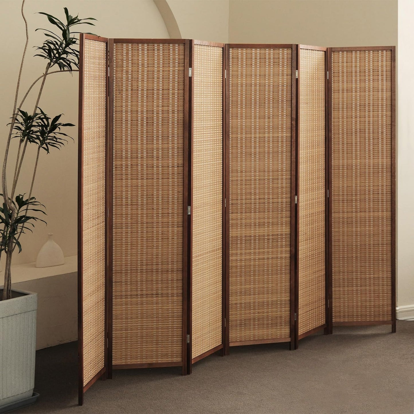 8 Panel Room Divider and Folding Panel Screen,Bamboo Panel Divider Screen for Room Separation,Beige,67" H x 122.8" W