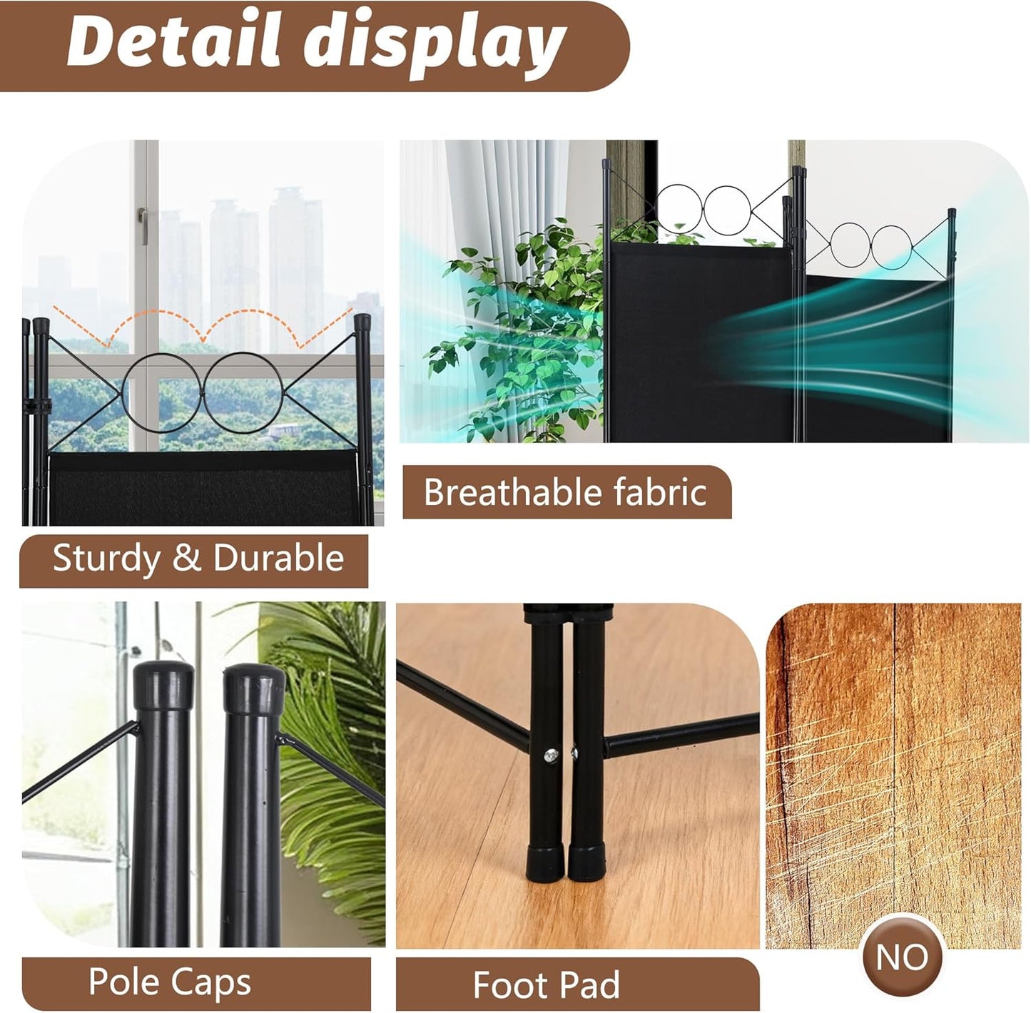 FDW 4 Panel Room Divider and Folding Portable Partition Screen, 6FT Wall Divider Screen for Dorm Bedroom Office, Coal Black