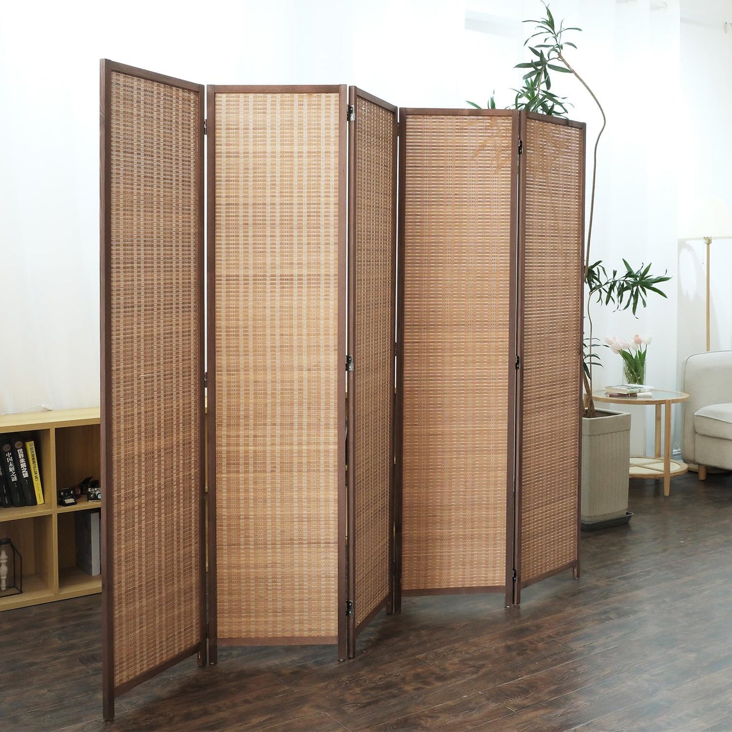 8 Panel Room Divider and Folding Panel Screen,Bamboo Panel Divider Screen for Room Separation,Beige,67" H x 122.8" W