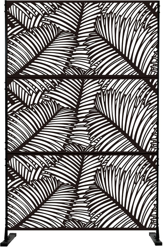 Kozyard Metal Privacy Screen 74" H x 47.2" W Decorative Outdoor Divider with Stand Panels Freestanding Screen Set for Deck Patio Balcony Garden Outdoor&Indoor (Black/Palm Leaf)